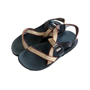 Chaco Women's Strappy Sandals in Black with Orange & Yellow Patterned Webbing